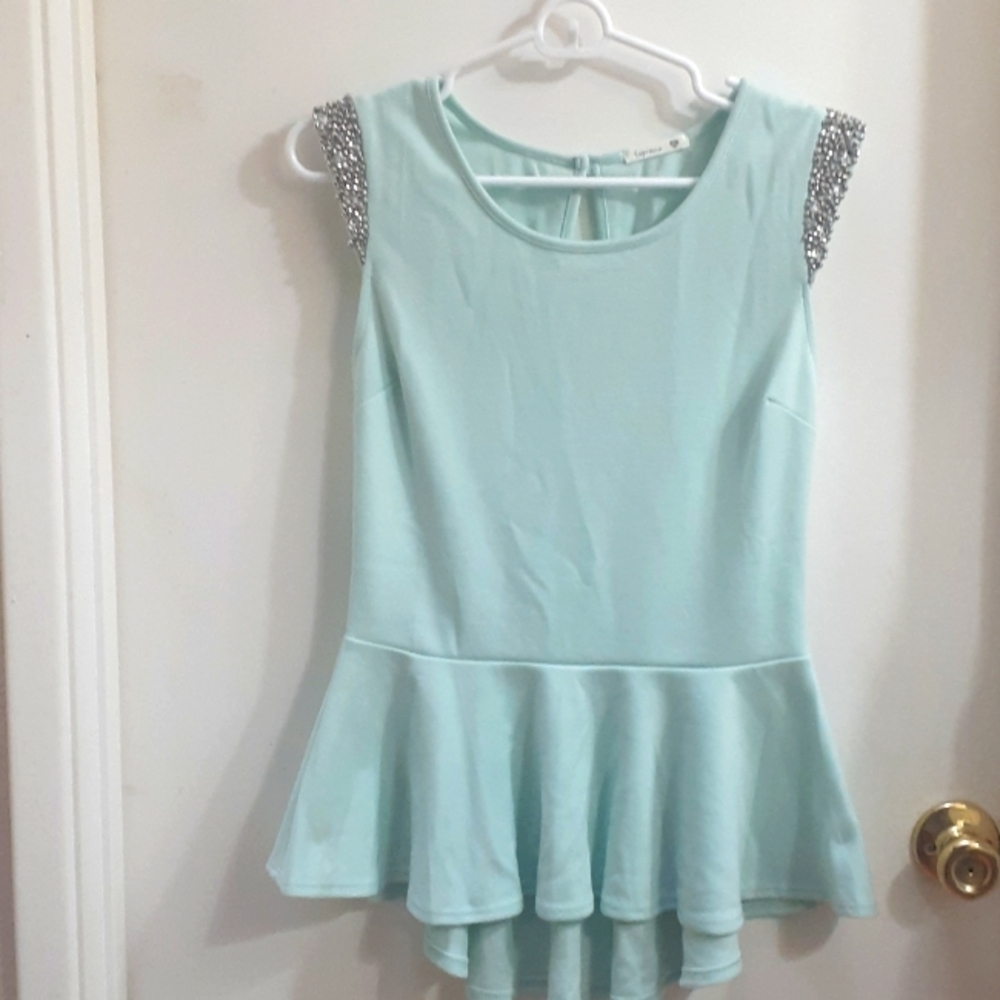 Soprano Y2K Mint Sleeveless High Low Peplum Top Rhinestone Trim Keyhole Back M